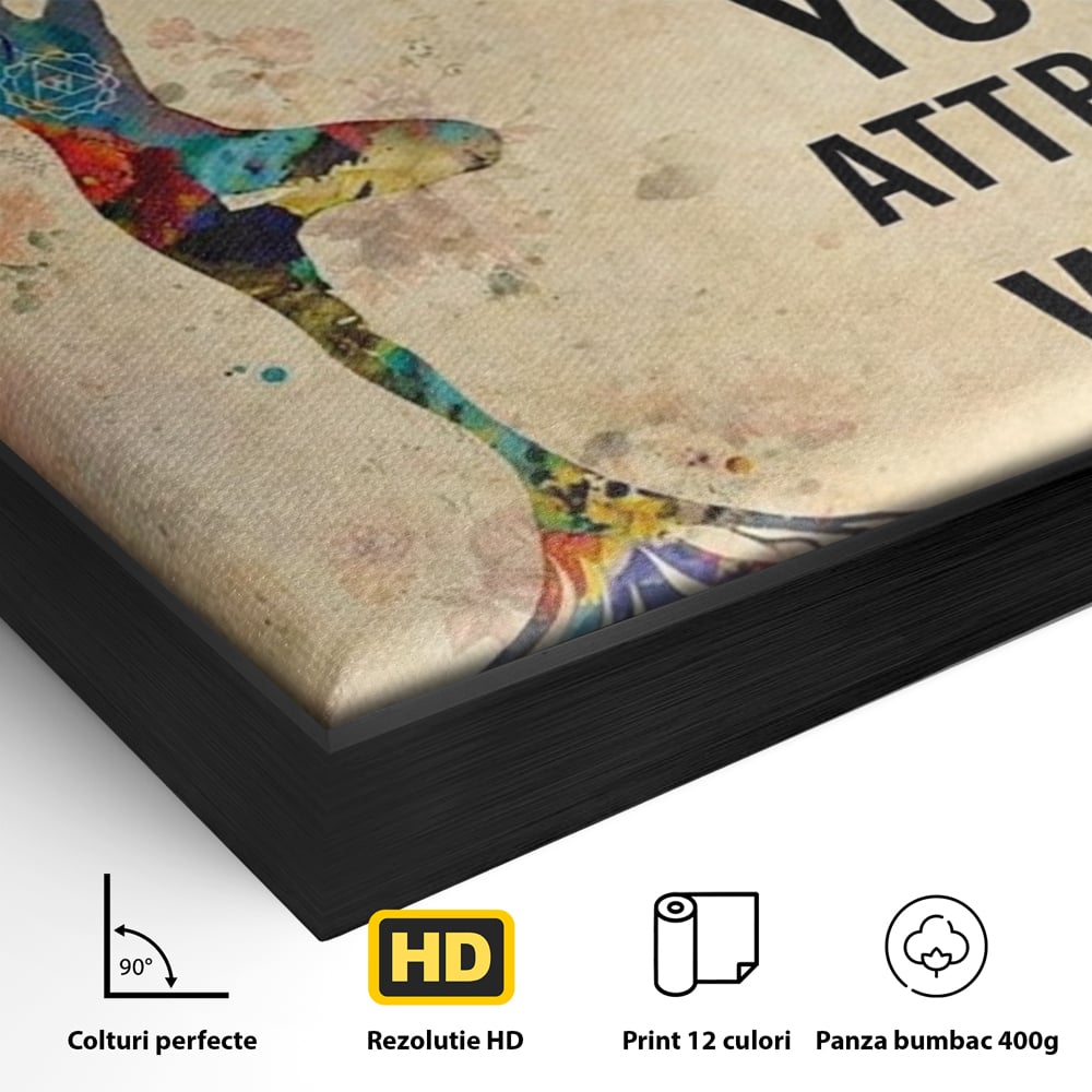 Detaliu al suprafetei: tablou canvas motivational cu silueta si copac, in rama de aluminiu negru